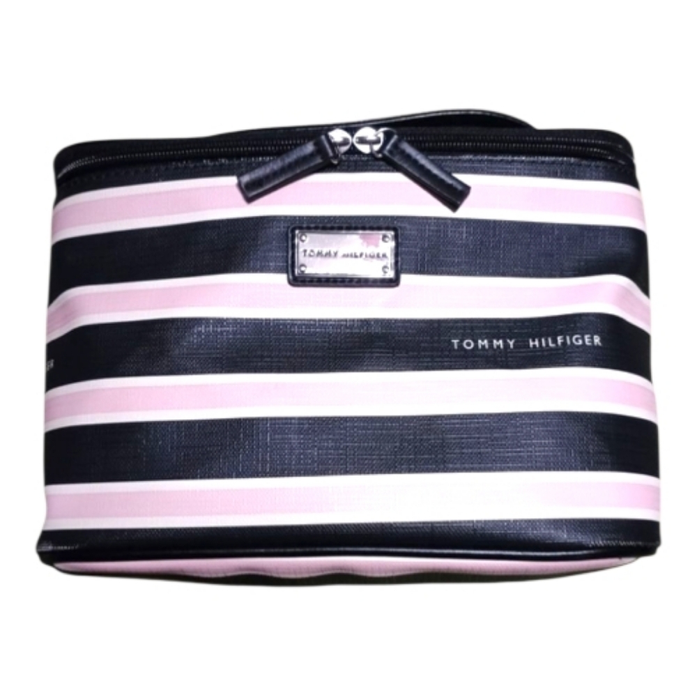 Travel Case Cosmetic/Toiletry Bag Tote Large Black and Pink Striped